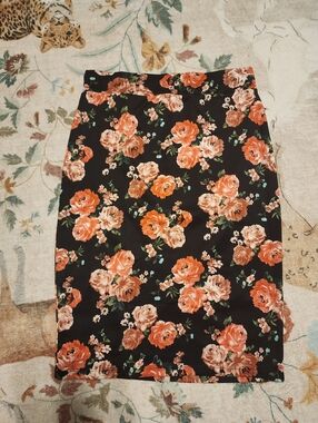 Forever 21 Black Pencil Skirt with Orange Floral Print